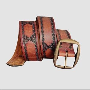Vintage 90s Tooled Leather Belt Size 32 Western Boho